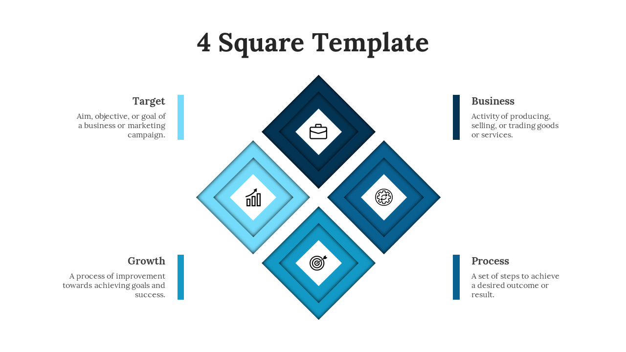 A pack of slides featuring four interconnected blue squares with icons and different layout designs with text descriptions.