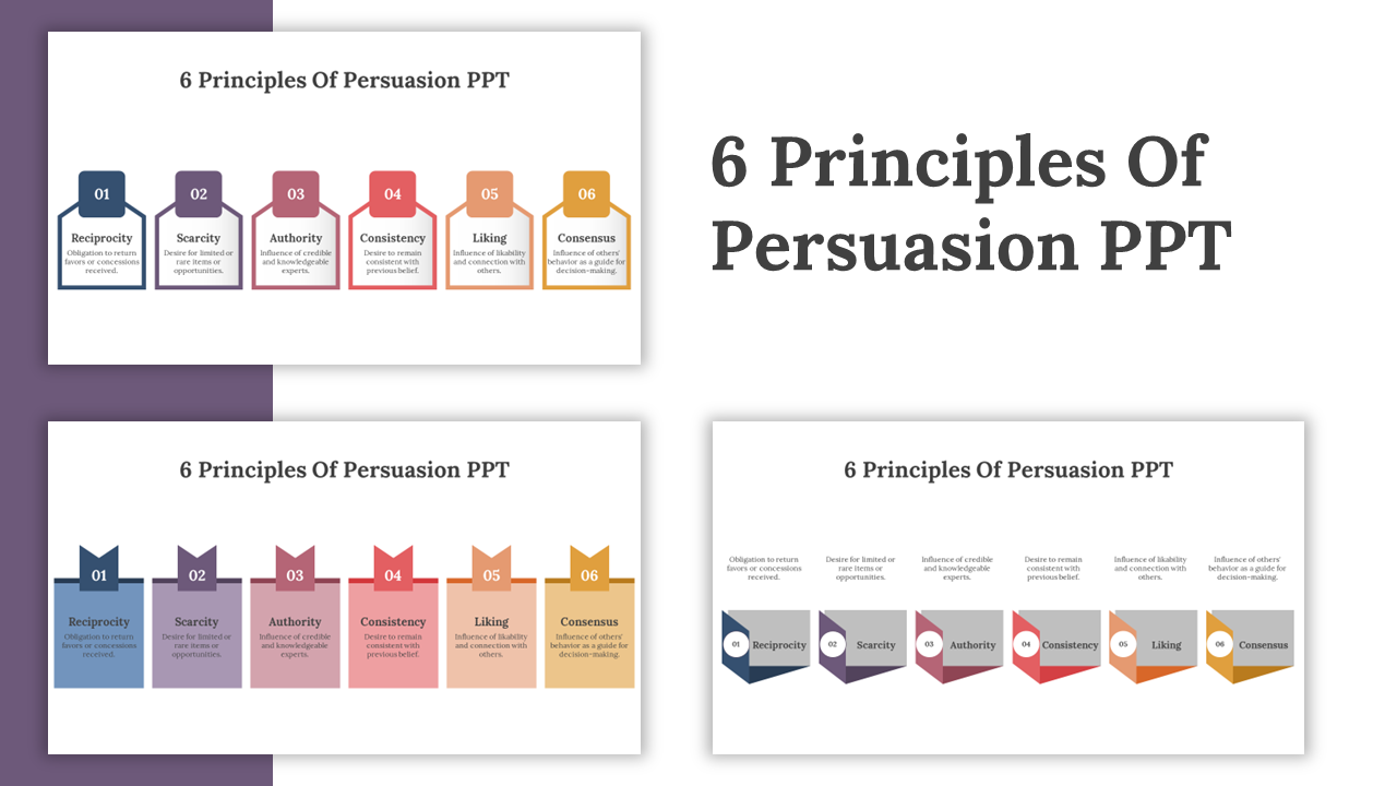 Slide deck showcasing the six principles of persuasion, each represented with colorful banners in a white background.