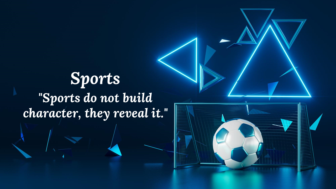 Slide deck with illuminated sports visuals, showcasing 3D neon designs of soccer balls, goalposts, and abstract shapes.