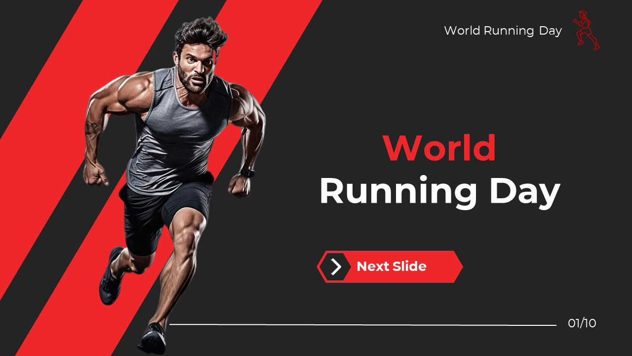 World running day slide deck in black and red theme with images of runners, events, and safety tips.