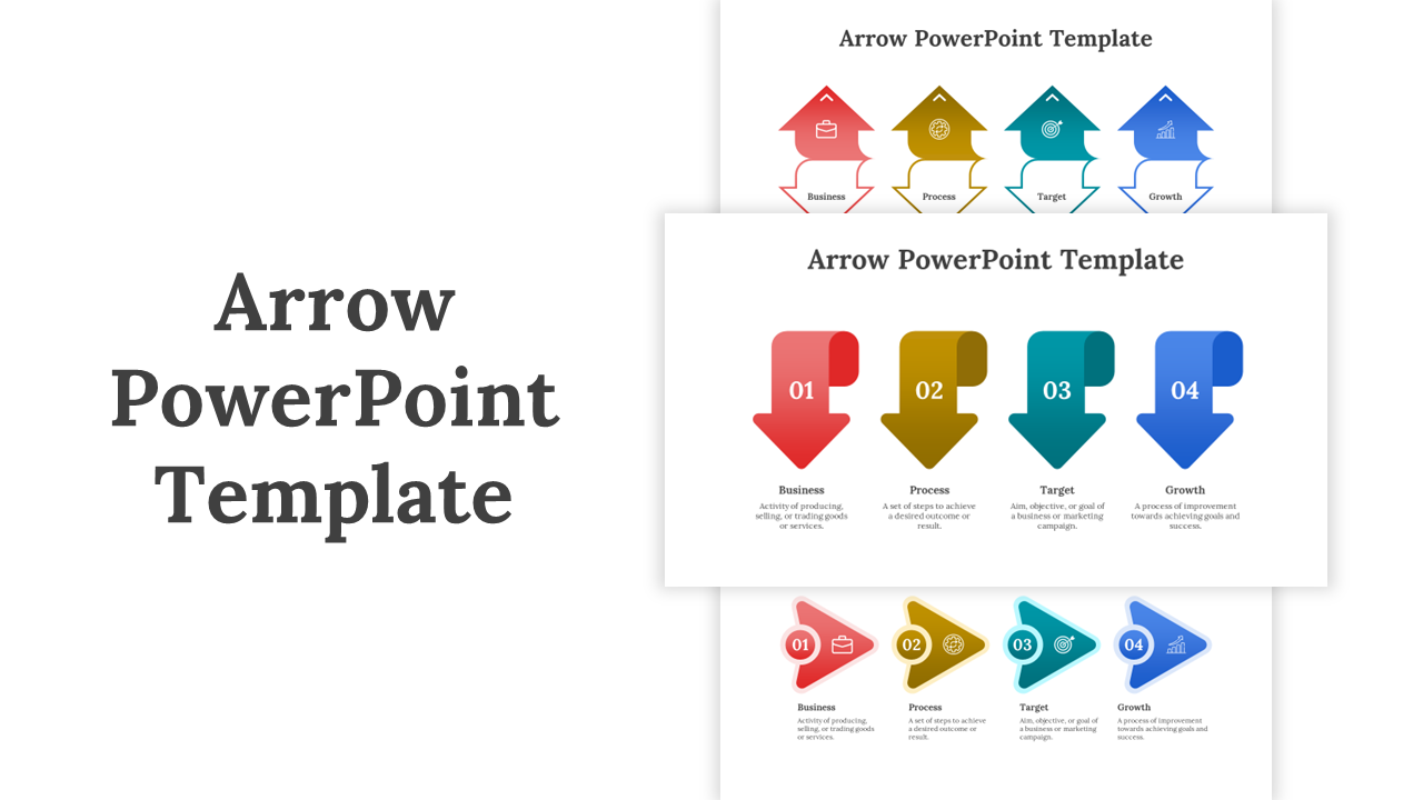 Slide deck with colorful arrow designs, featuring labeled steps in red, yellow, green, and blue for process visualization.