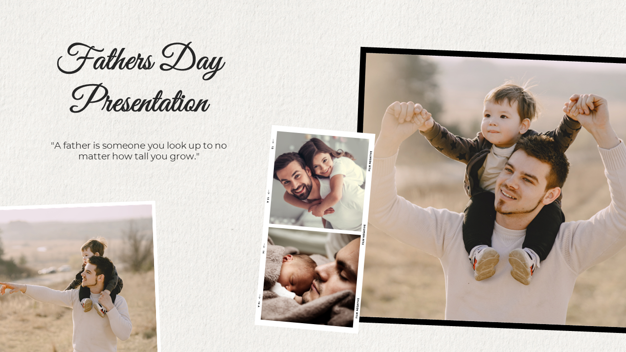 Slide deck featuring images of fathers and children, celebrating the bond and fatherhood with heartfelt messages.