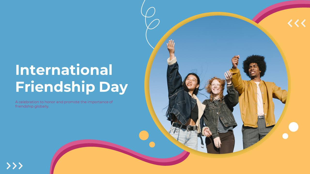 A pack of International friendship day slides with colorful design elements and group of friends pic with text descriptions.