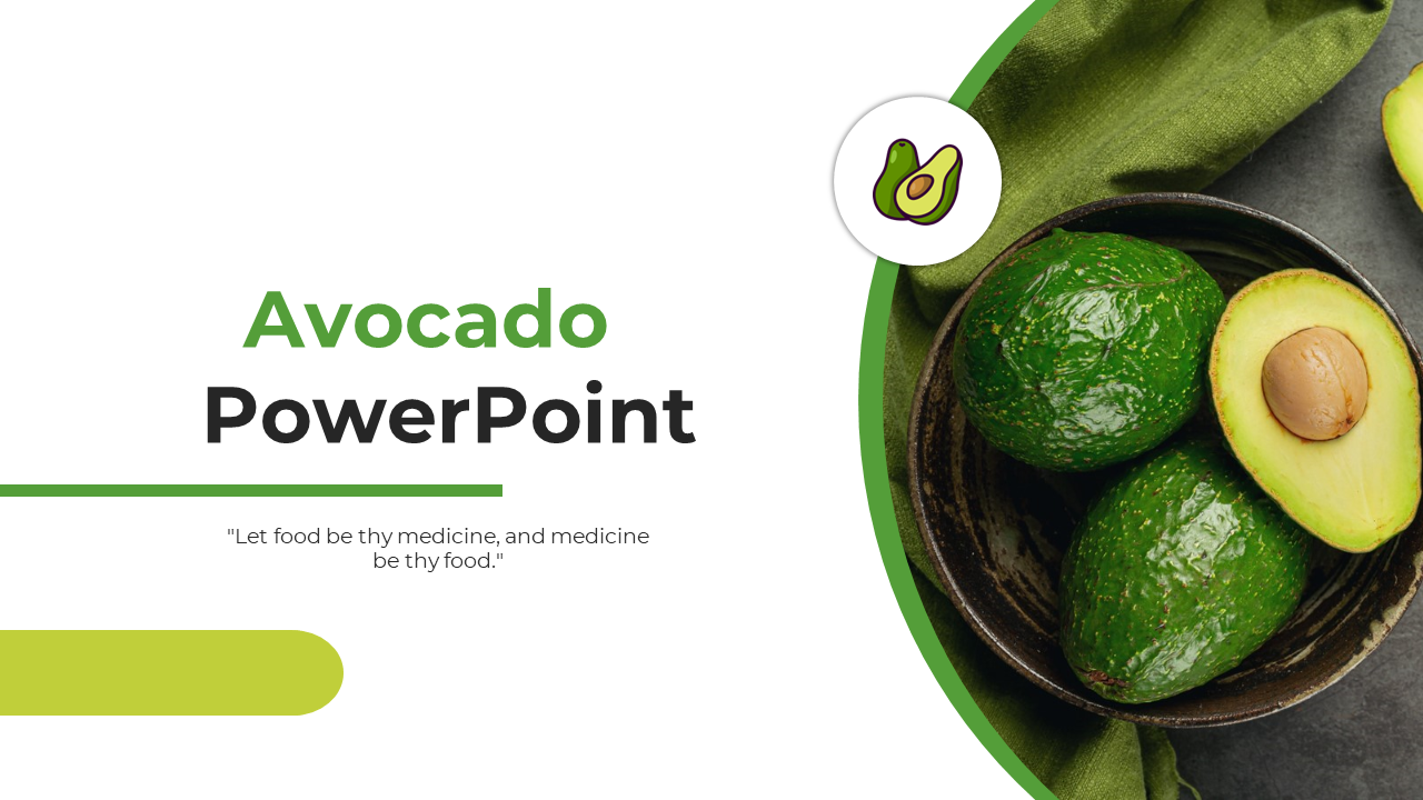 Green themed slide deck with images of avocados, covering health benefits, varieties, and sustainability.