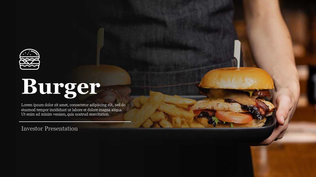 Dark themed slide deck with burger images, financial charts, and sections on quarterly highlights and projections.