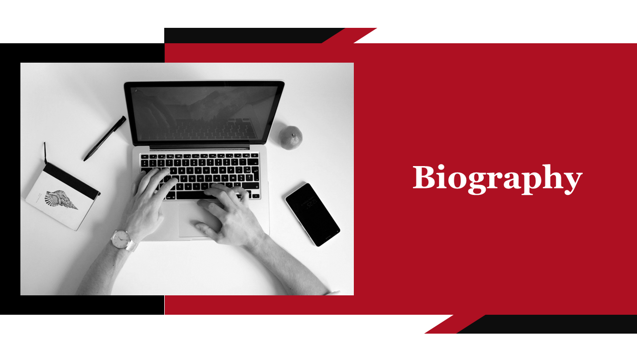 Slide deck with a red and black theme featuring sections for biography, skills, work style, and technology use.