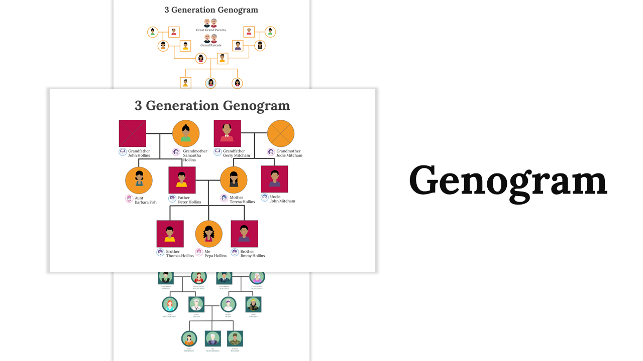 A slide deck displaying various genogram example, including three-generation, career, cultural, and family genograms.