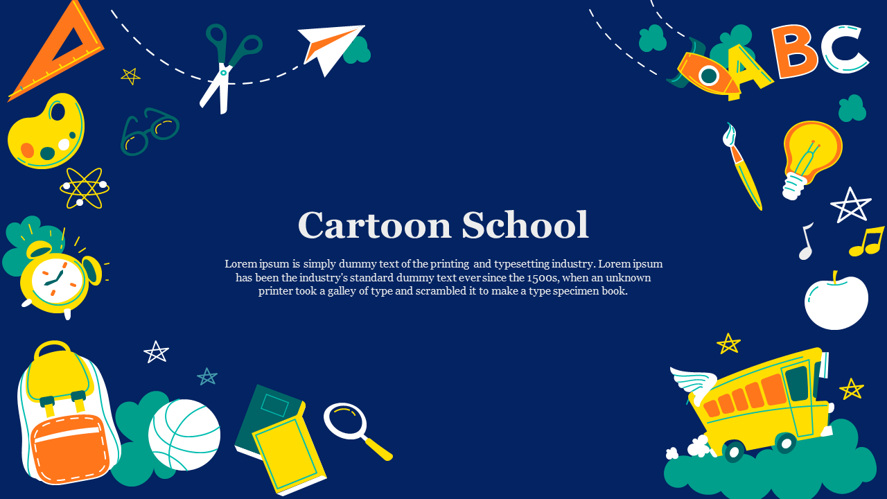 Cartoon school slides featuring playful illustrations of school supplies, children, and icons on a dark blue background.