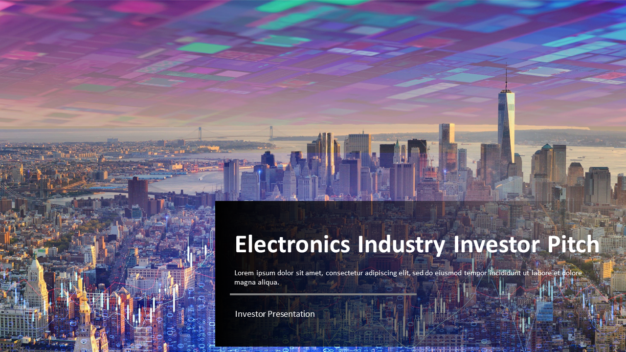 Electronics industry pitch deck slides with financial highlights, regional growth, competitive analysis, and investor return.