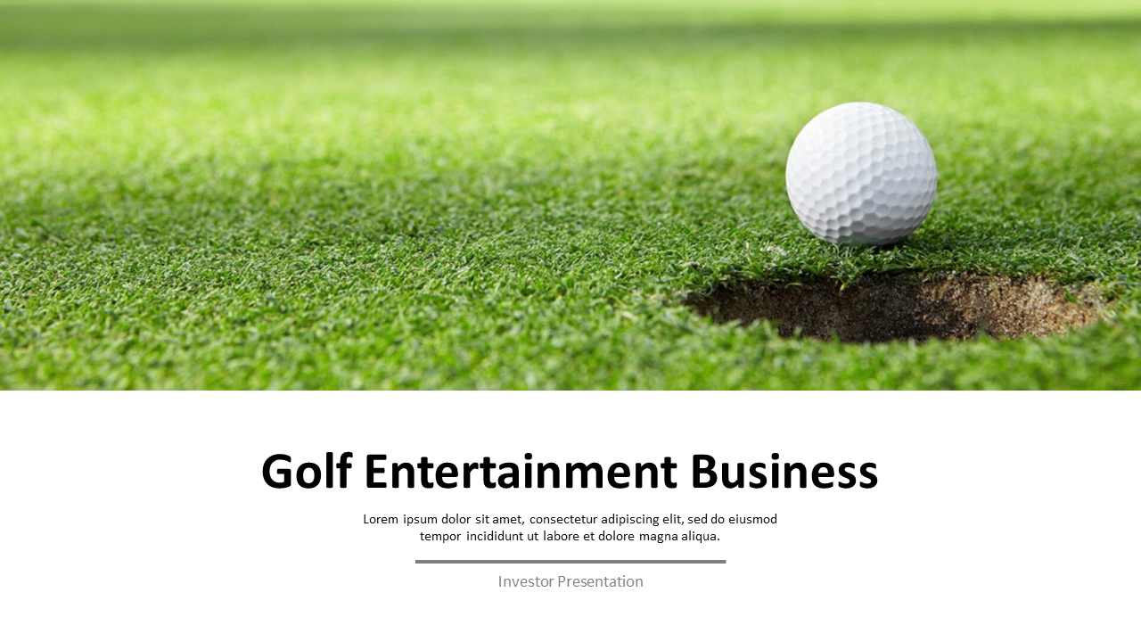 Golf Entertainment business slides showcasing statistics, investment opportunities, and financial growth insights.