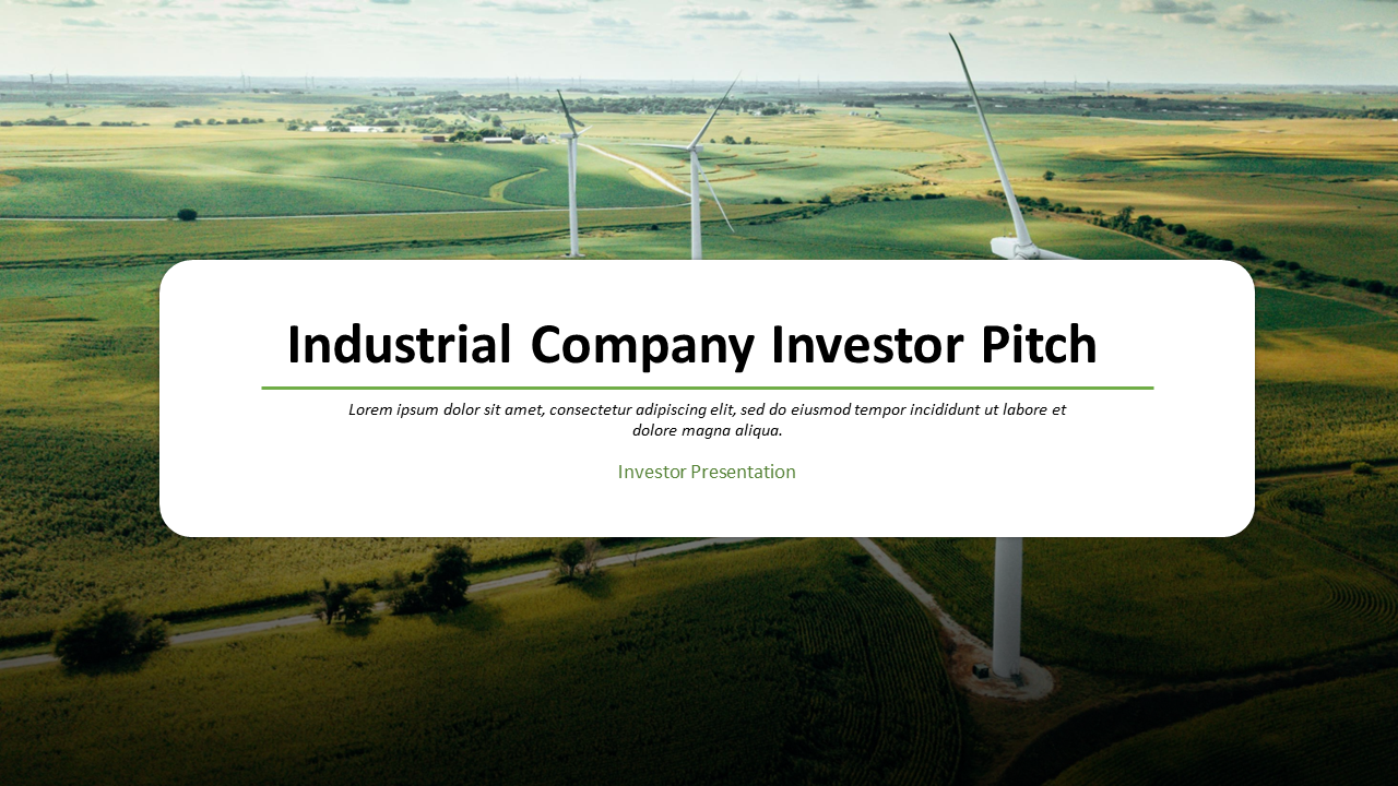 Industrial company investor pitch slides featuring wind turbines, data charts, industrial layouts, and financial insights.