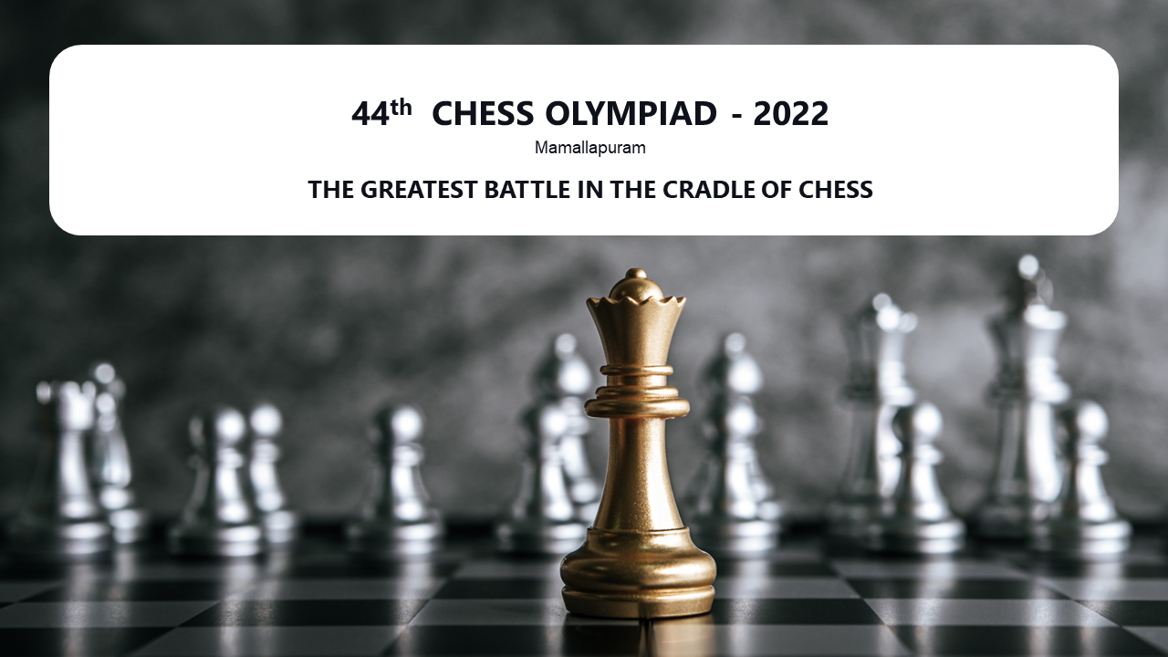 Chess Olympiad 2022 slides showcasing various chess related topics and black and white design elements.