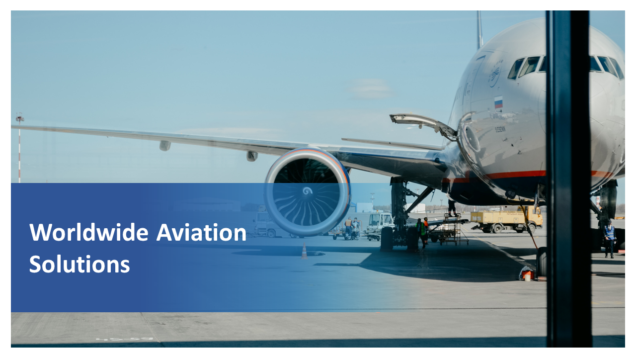 Worldwide aviation solutions slide deck featuring an airplane image and detailed images.