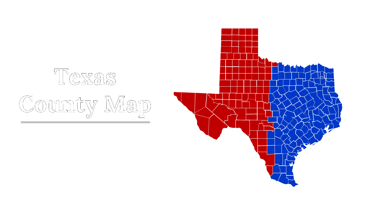 Slide deck featuring various Texas county maps with different colors and layouts for presentations.