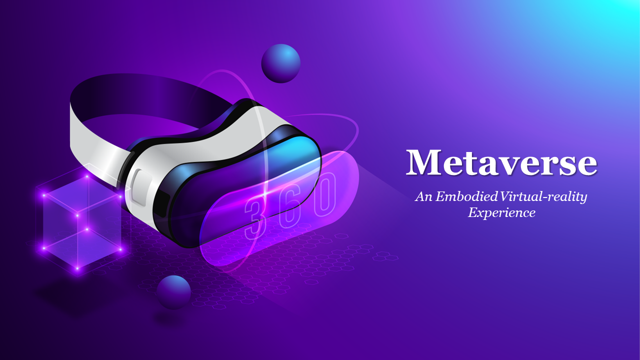 Slide deck with vibrant purple and blue tones, featuring a virtual reality headset and metaverse themed illustrations.