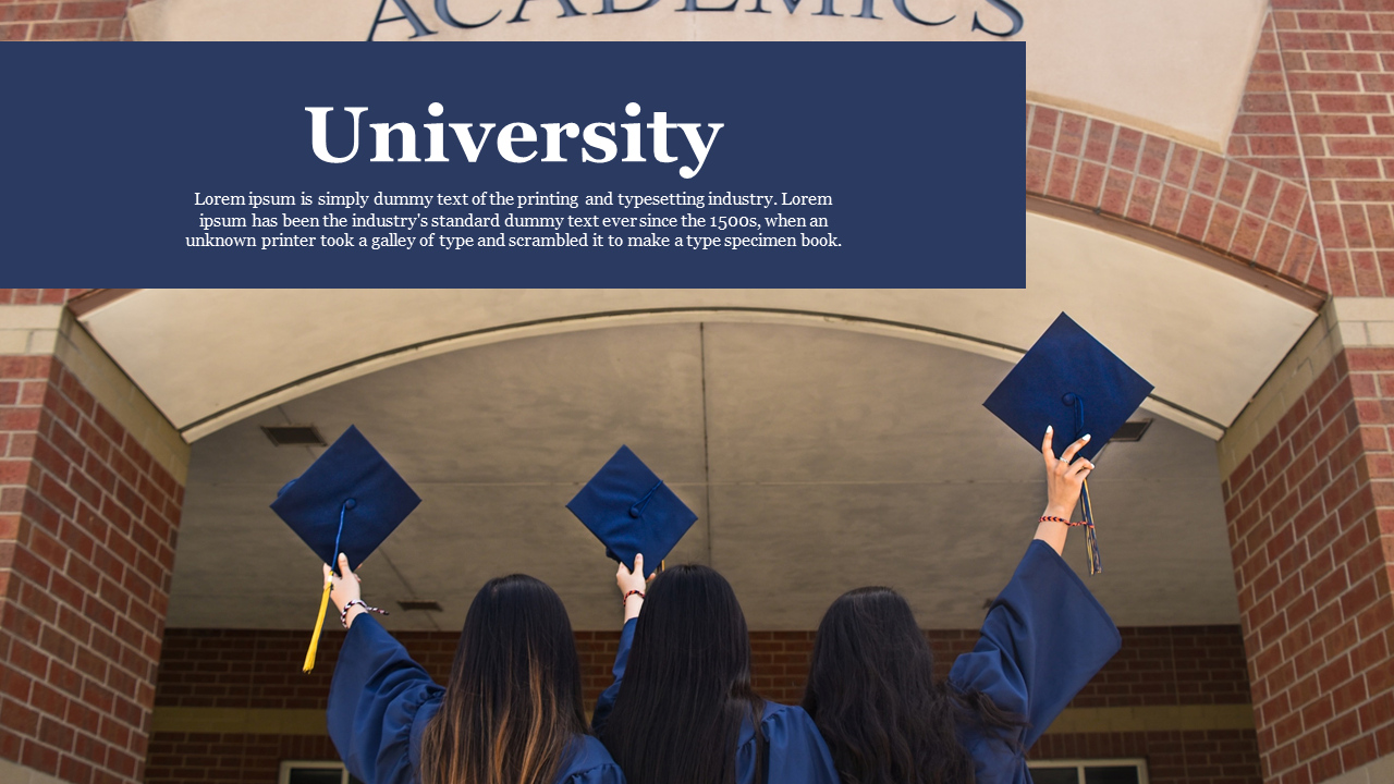 Educational slide deck with a university theme, showing a cover photo of students celebrating graduation on  academic topics.