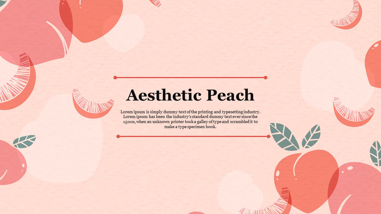 Peach colored slide deck with illustrations of peaches and segments, covering content like goals, timeline, and strategy.