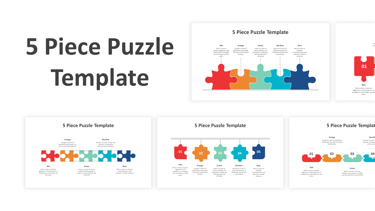 Pack of slides featuring 5 piece puzzle graphics in different arrangements, with red, blue, orange, green, and teal colors.