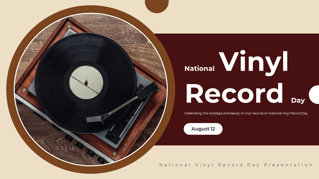 National Vinyl Record Day with an image of a vinyl record on a turntable, alongside text highlighting August 12.