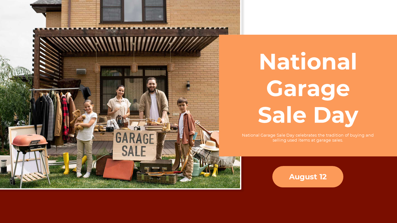 Orange and brown slide pack showcasing garage sales, including sections on safety, security, and the social impact.