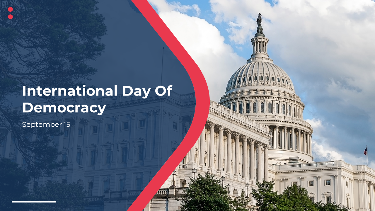 International day of democracy slides with white and navy blue backgrounds, covering history, citizen roles, and challenges.