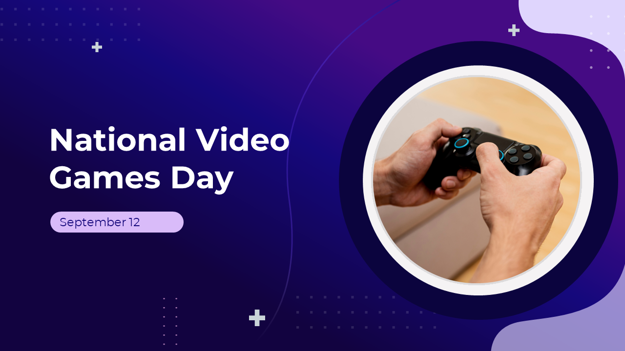 Slide deck design for national video games day with focus on gaming controller and various activity sections.