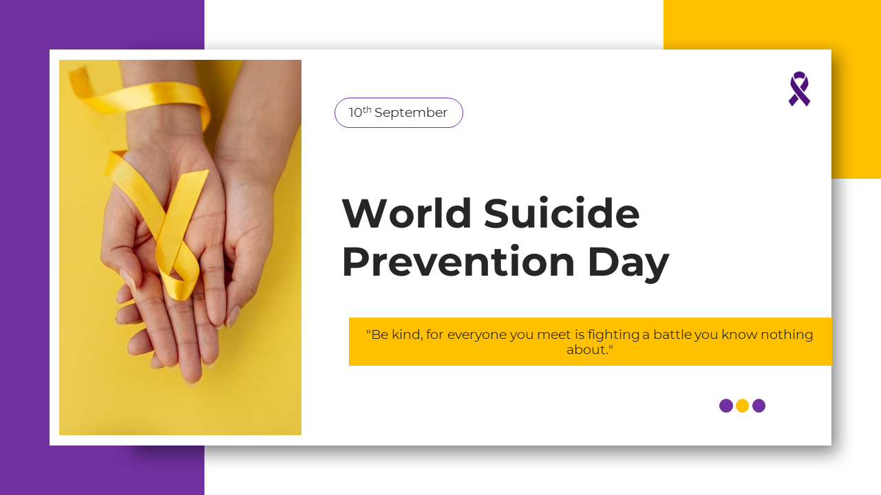 Slide deck featuring purple and yellow accents with sections on mental health awareness and prevention strategies.