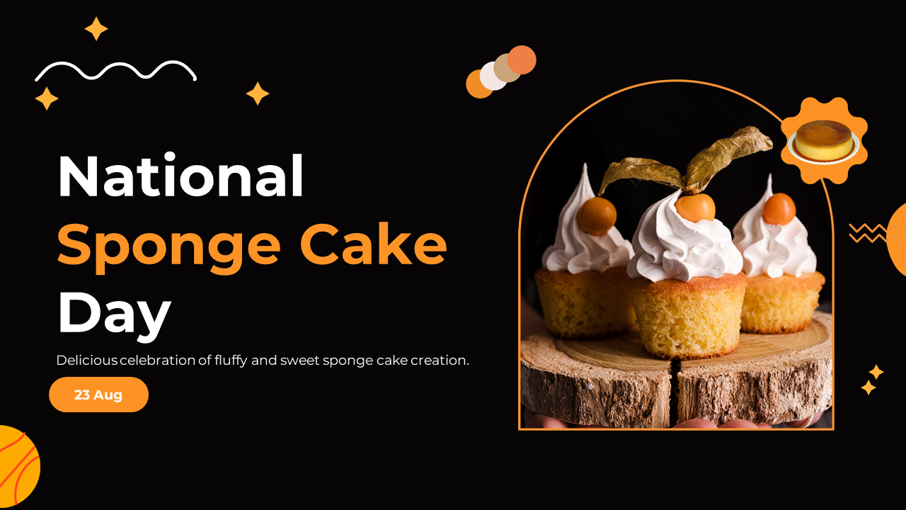 Slide deck with a black and orange theme, featuring images of various sponge cakes, ingredients, and decoration ideas.