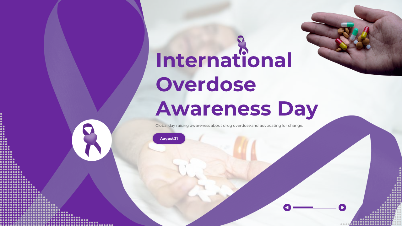 Slides for International Overdose Awareness Day covering topics like addiction, prevention, stigma, and support services.