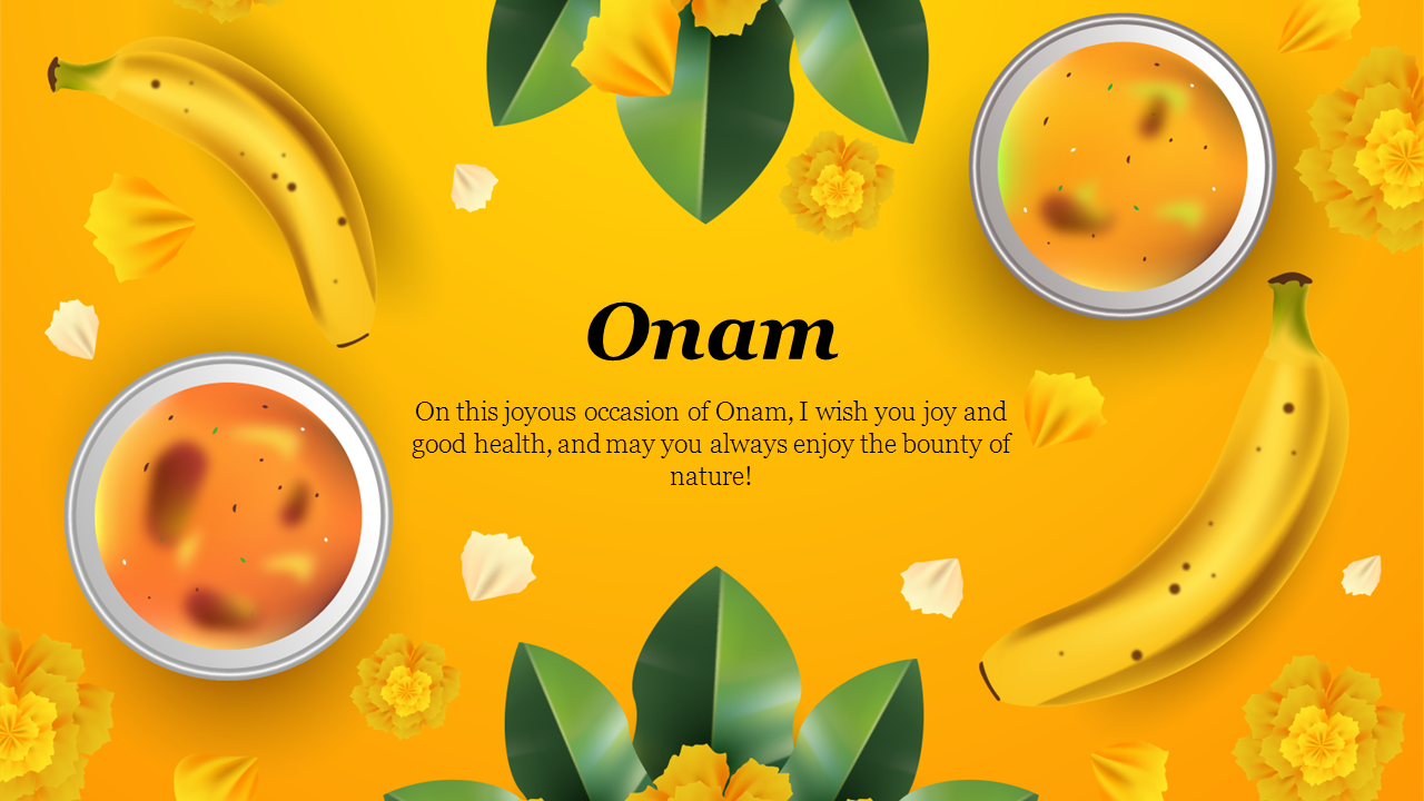 Onam festival slide deck with bright yellow background, traditional dishes, flowers, and cultural illustrations.