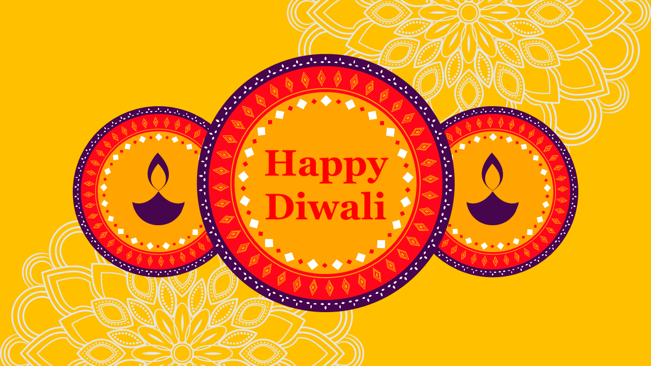 Diwali slide deck highlighting the origins, traditions, and celebrations in Indian culture, with yellow background,