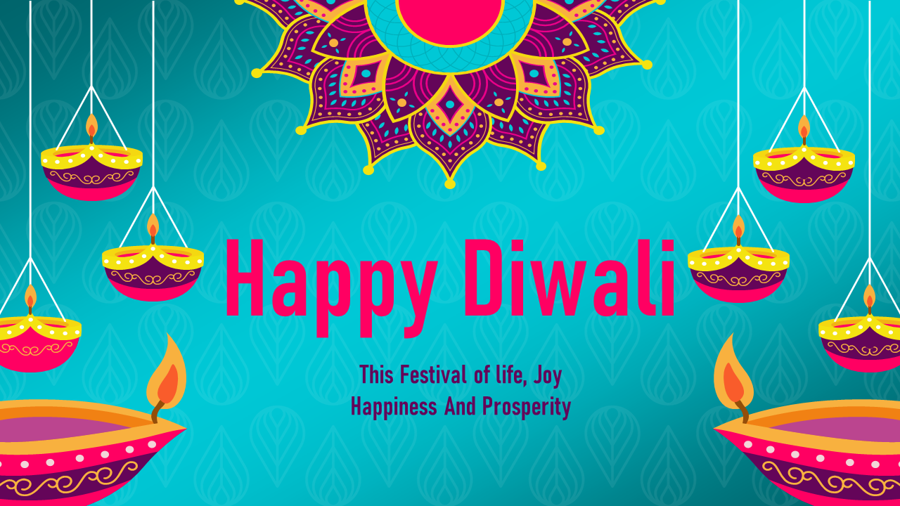 Diwali themed slide deck in bright colors, showcasing festival details, stories and celebrations in teal background.