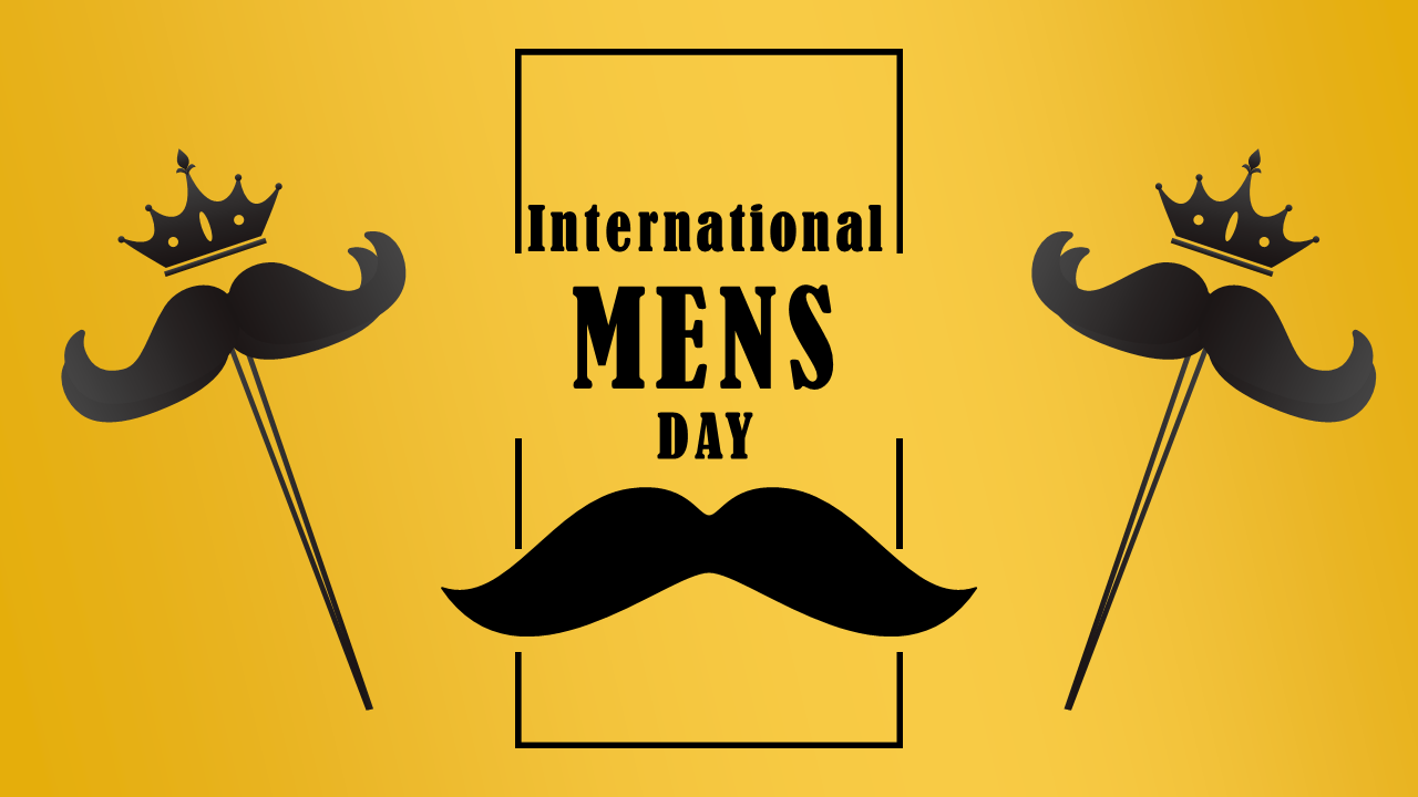 International men's day slide deck with a yellow theme, covering topics such as Men's Health and historical background.