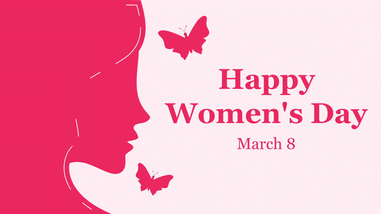 Women's day slides celebrating March 8 with sections on history, rights, equality, and influential quotes on a pink theme.