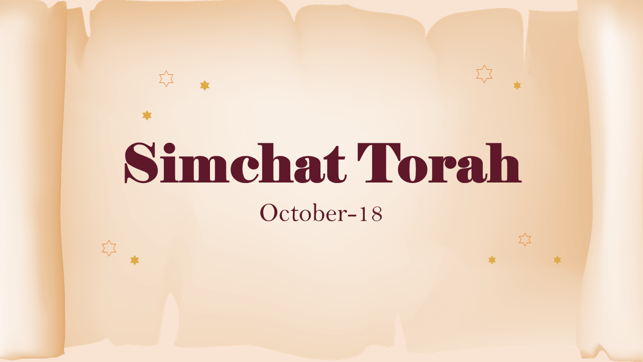 Simchat torah slide deck with a parchment design, covering history, traditions, and celebration in orange and brown tones.