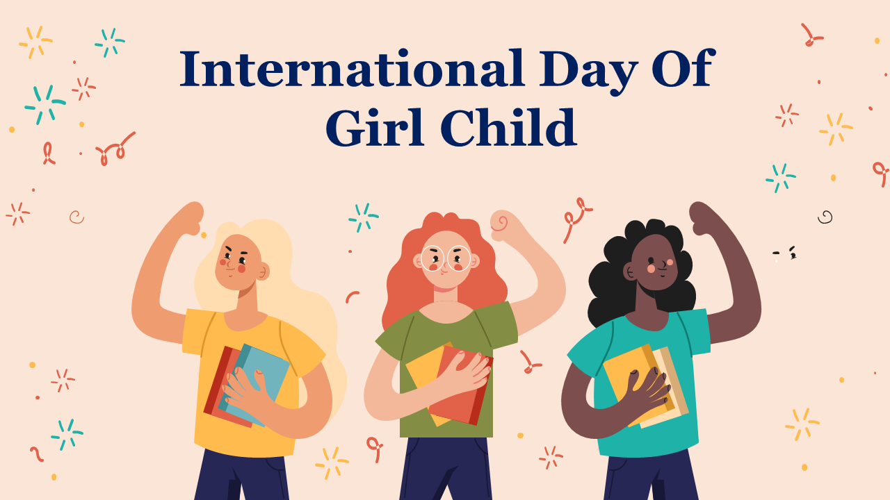 Slide deck with colorful illustrations of diverse girls and sections on history, facts, and global events.