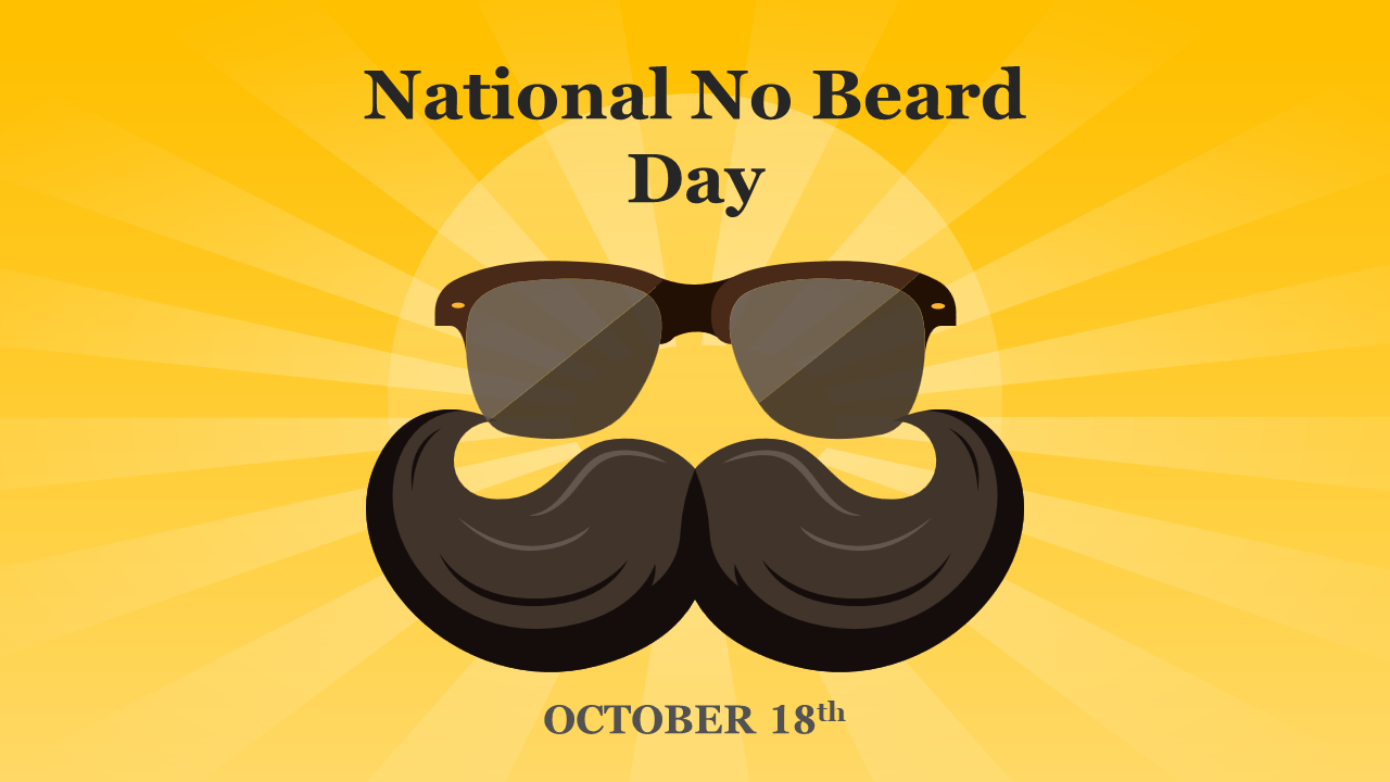 National no beard day slide deck featuring mustache illustrations, and text sections with icons, on yellow backgrounds.