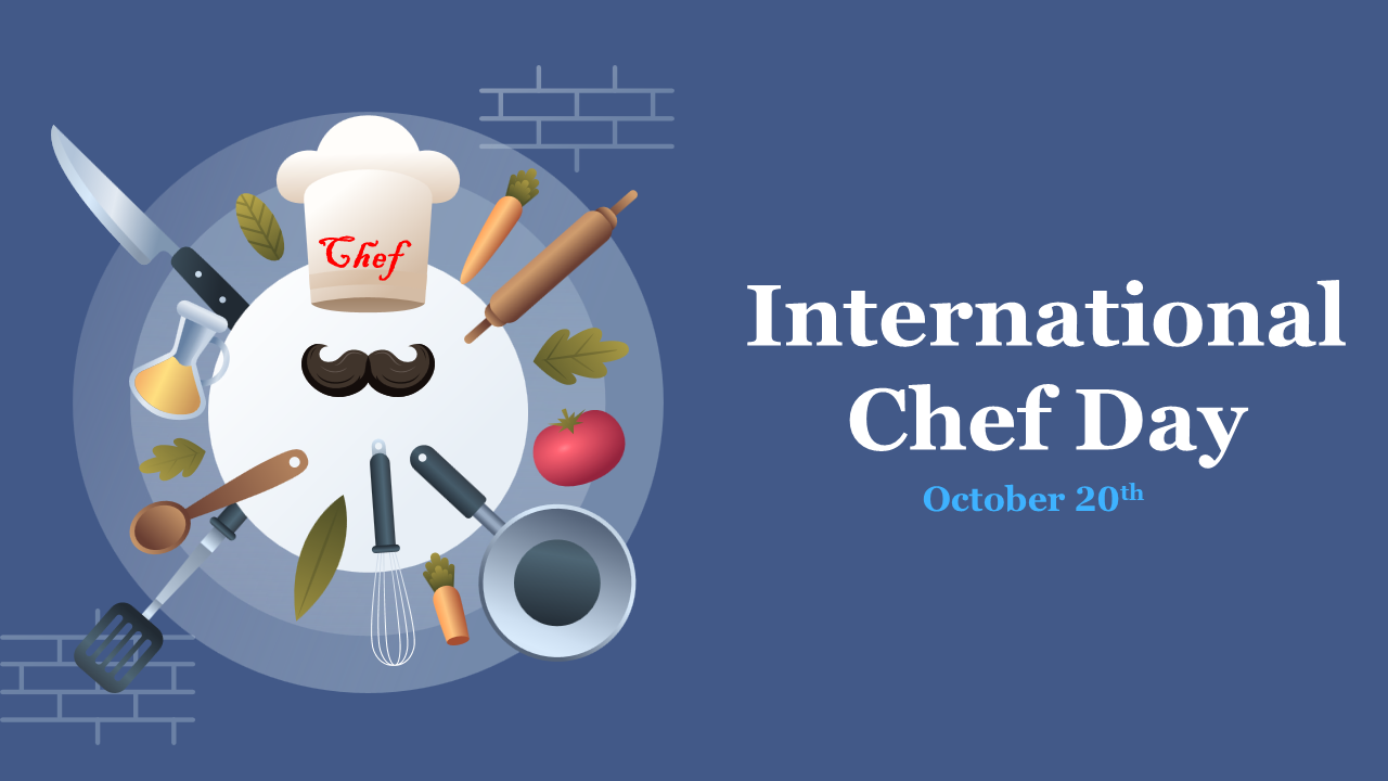 International chef day slide deck with a chef’s hat, mustache, and various kitchen utensils arranged in a circle on the left.