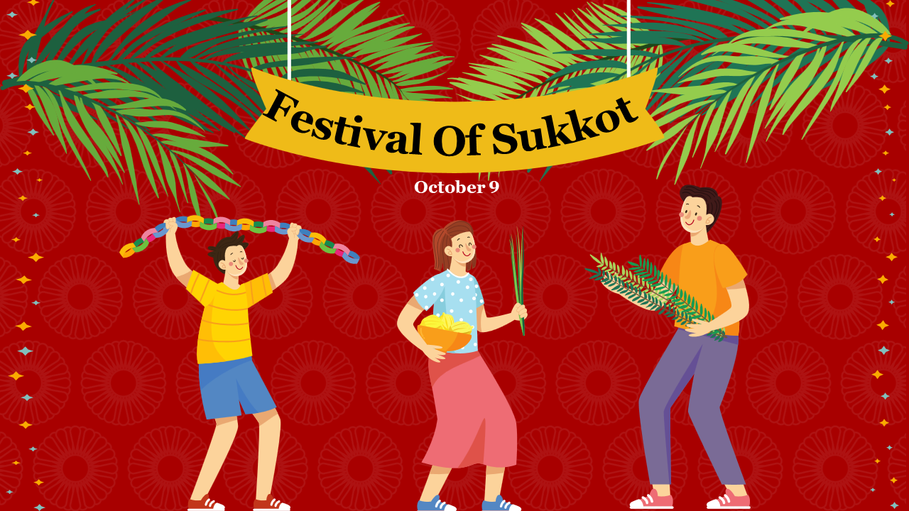 Red themed Sukkot slide deck with palm leaves, illustrated people, discussing history, traditions, and religious customs.