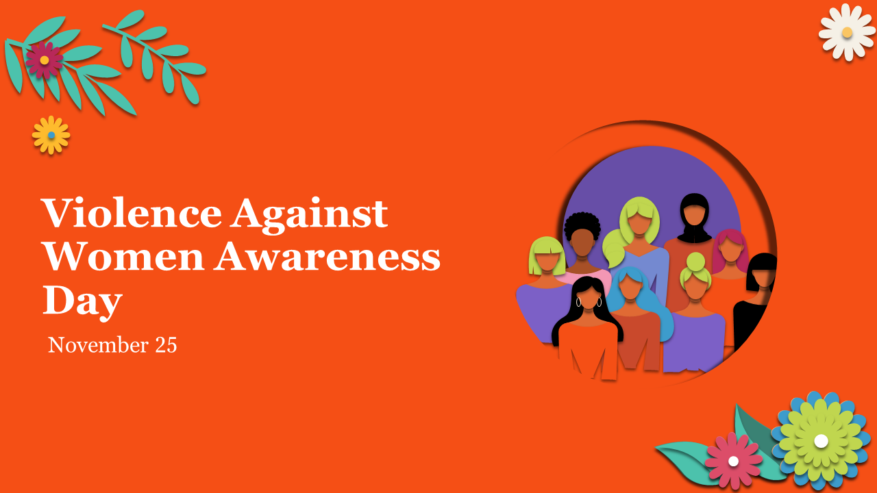 Violence against women awareness day slides highlighting key issues, causes, and actions on the orange backdrop.