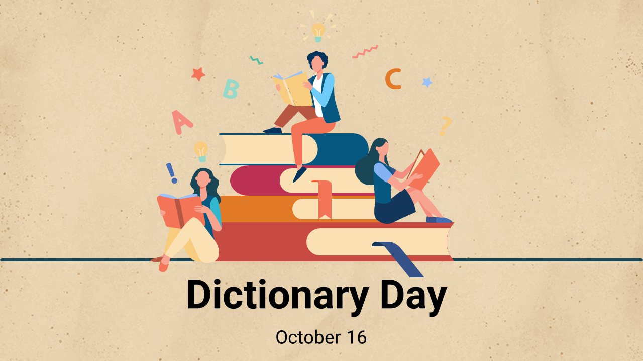 Dictionary day slides with various sections on history, types of dictionaries, and notable facts about dictionaries.