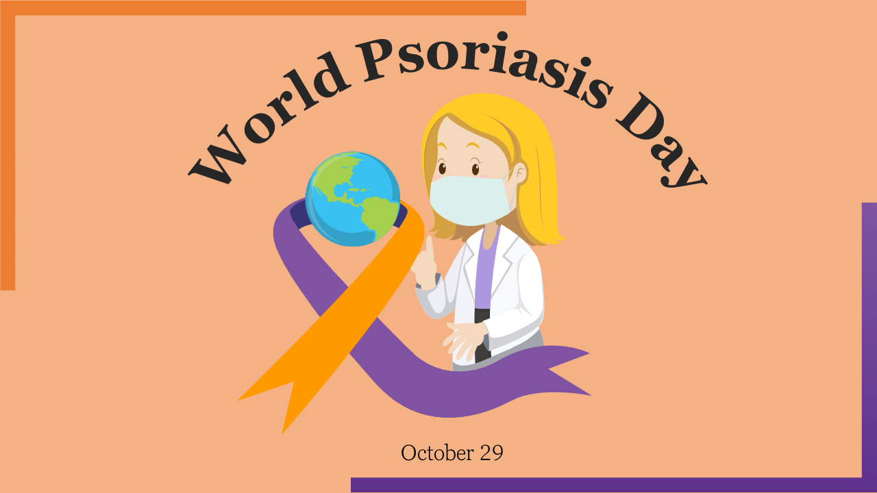 Collection of slides explaining Psoriasis with sections on causes, types, and treatment, in a peach and purple color scheme.