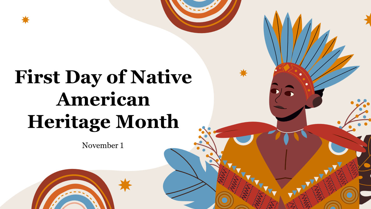 Native American heritage month slides showcasing history, celebrations, and cultural symbols on brown themed backgrounds.