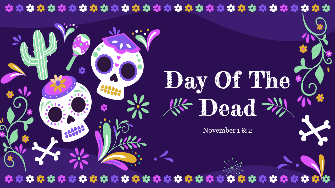 Colorful day of the dead slides highlighting its significance on a purple theme with various sections and descriptions.