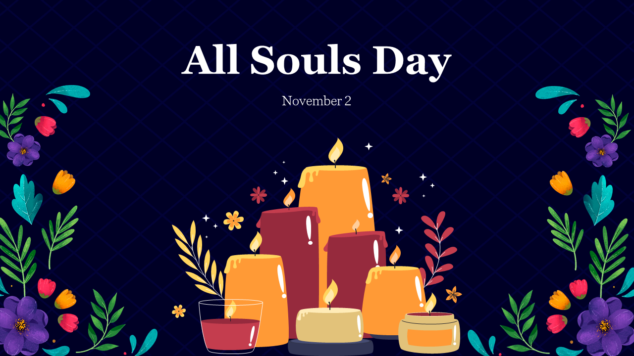 Dark themed all souls day slides with illustrations of candles, flowers, covering history, traditions, rituals, and symbols.