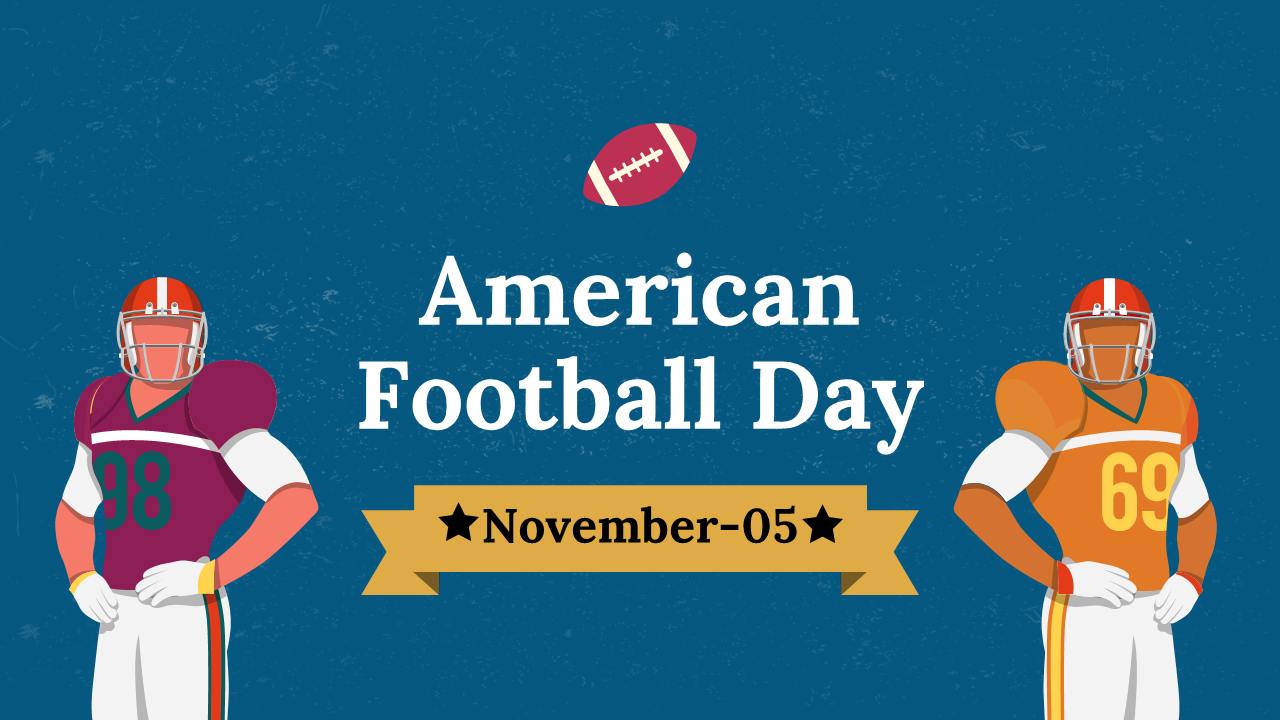 American football day event slide deck with illustrations of football players, and related topics on a blue backdrop.