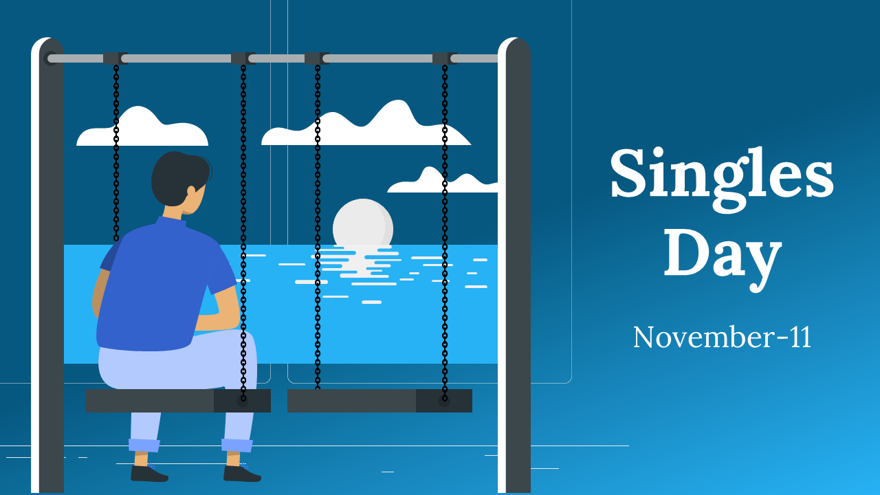 Slide deck with blue theme, featuring sections on singles day history, celebrations, and survey results, with illustrations.