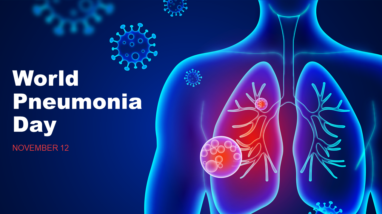 Blue themed slide deck with neon medical imagery of lungs, highlighting pneumonia symptoms, treatments, and recovery.