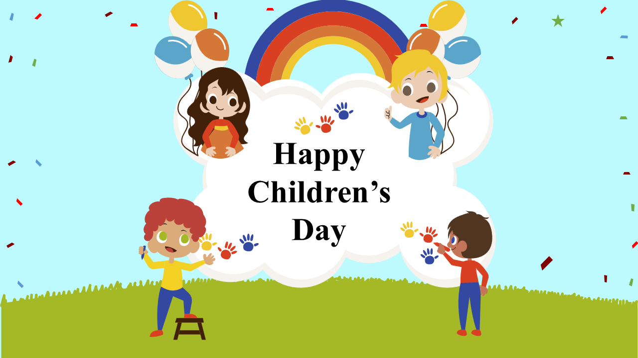 Children's day presentation slide deck featuring colorful illustrations of kids, activities, and historical information.