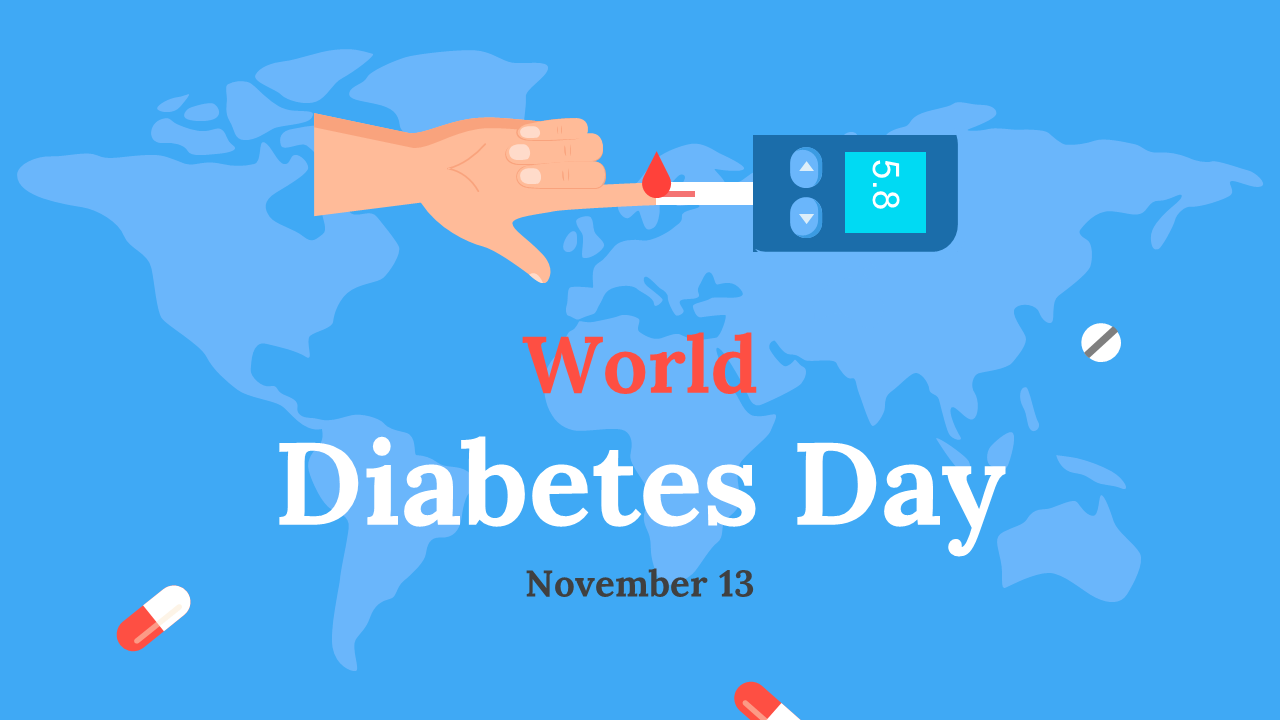 Blue themed world diabetes day slides with icons, charts, and sections on symptoms, risk factors, types, and treatments.